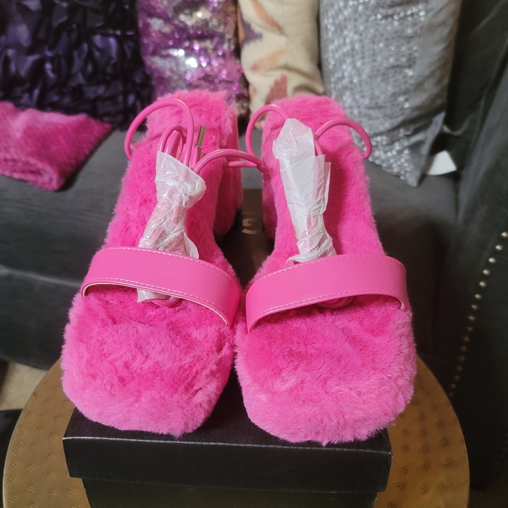 Pink Furry string up heels